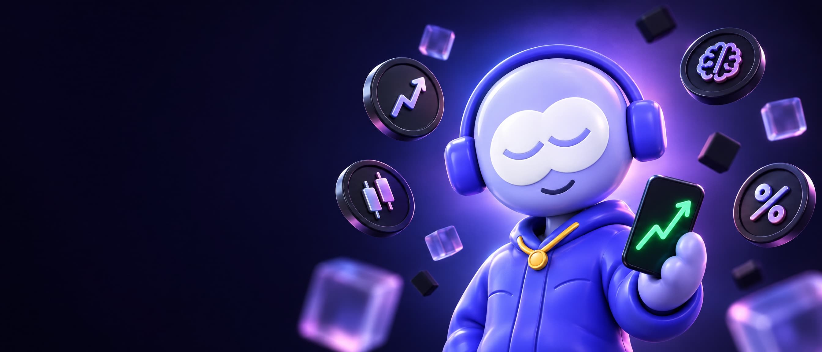 The FOMOBRAIN mascot, a 3D character with the fomo eyes, holding a phone with a rising chart